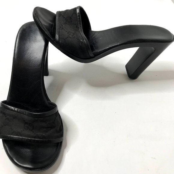 Gucci black monogram open toe mule block heel - Picture 3 of 11